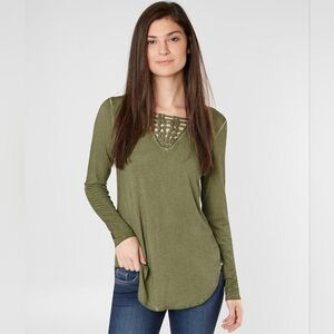 UO BKE All Over Mineral Wash Braided Front V-neck Long Sleeve Tunic Top Small